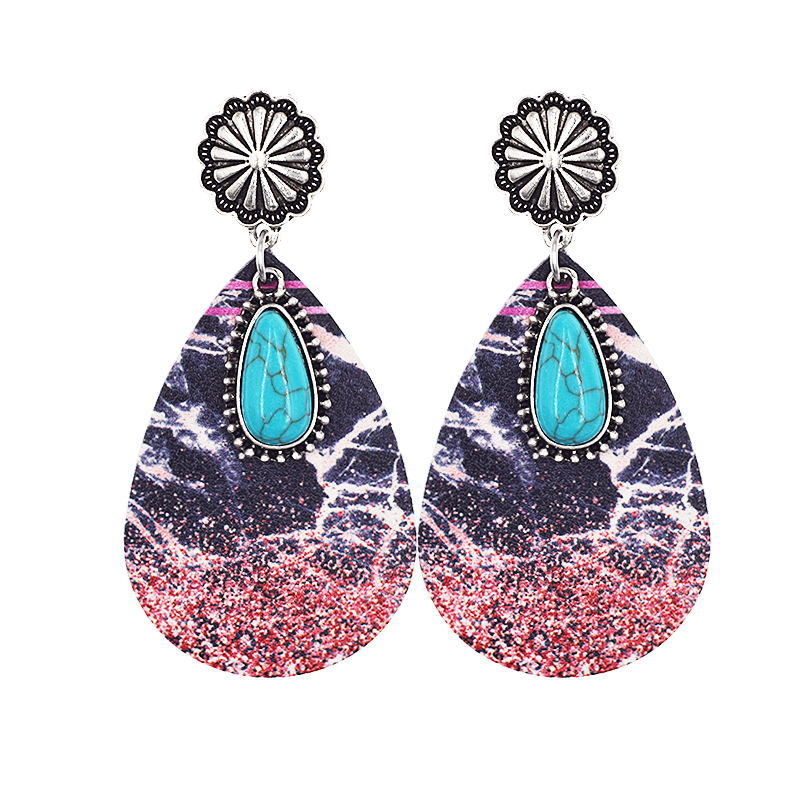 Wholesale Western Denim Leopard Leather Earrings